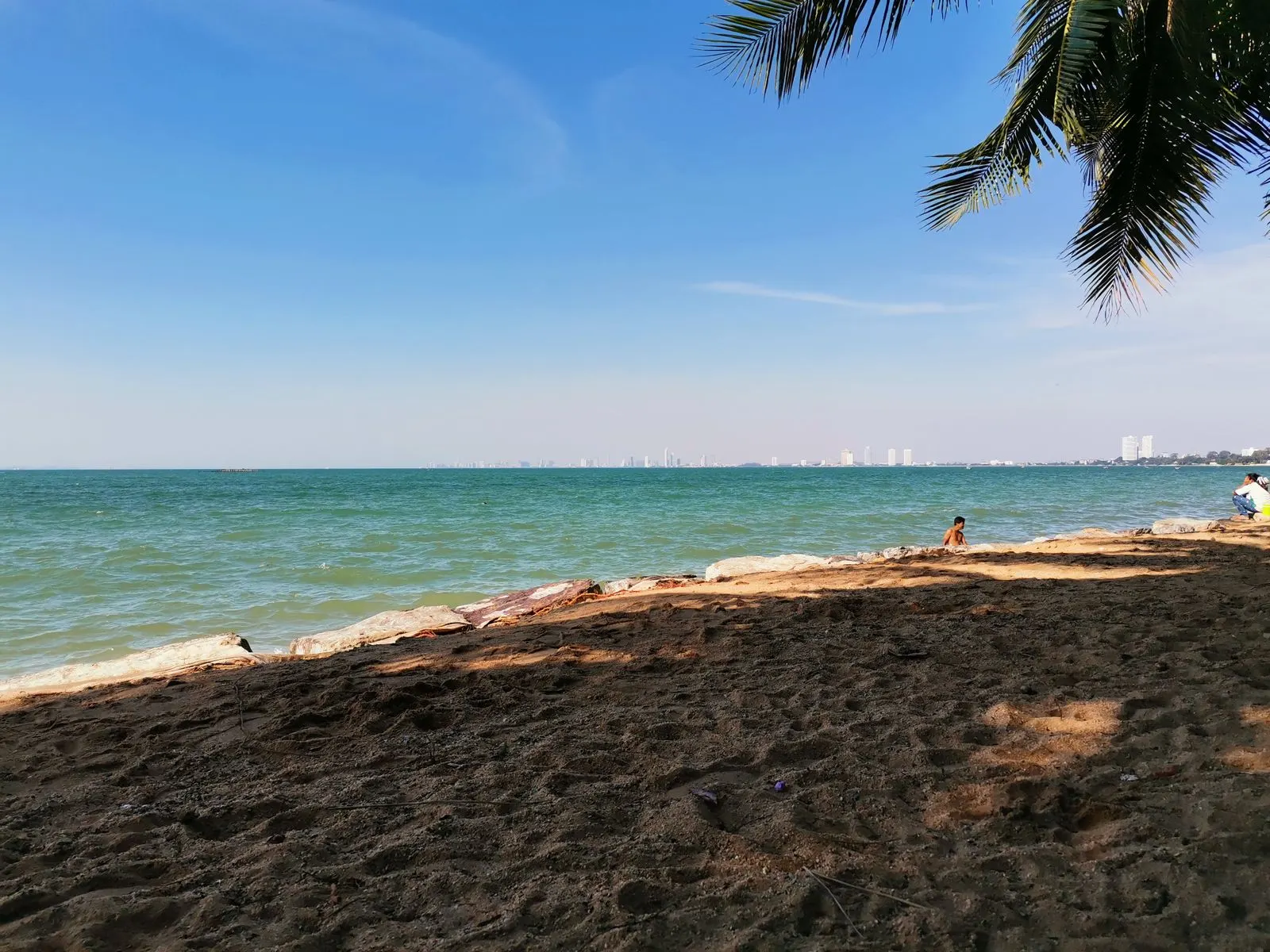 Palm-framed coastline and blue sea in Pattaya